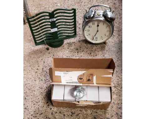 CAST IRON KITCHEN BOOK STAND, CHROME ALARM CLOCK & QTY OF PHILIPS LED BULBS, 35 WATT