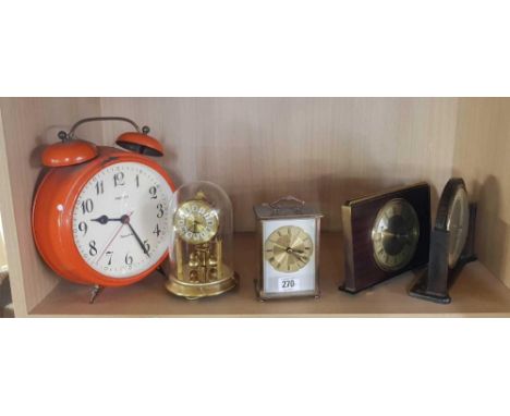 SHELF OF MANTEL CLOCKS, A CARRIAGE CLOCK & ALARM CLOCK