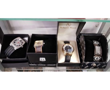 4 GENTS WATCHES IN BOXES, ROUTE 66, FUBU, ROBERTO VECCI & AZTEC - ALL APPEAR NEW