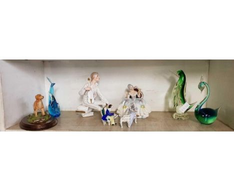 SHELF OF GLASS FIGURES & CHINA FIGURES