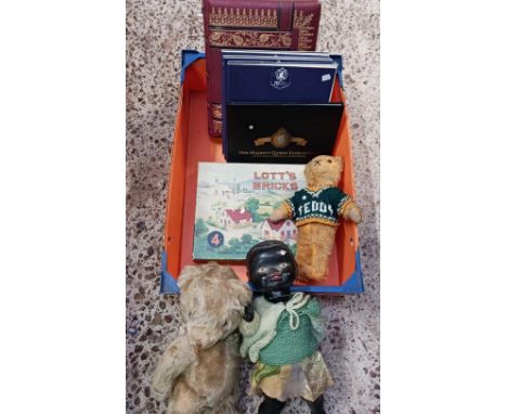 CARTON WITH 2 TEDDY BEARS, ETHNIC DOLL, CHILD'S BRICK GAME  PHOTO ALBUM & PLATINUM WEDDING ANNIVERSARY COIN HOLDERS