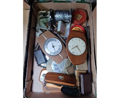 CARTON OF CLOCKS, TEA CADDY ETC