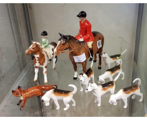 BESWICK HUNTING SET, HUNTSMAN, 6 HOUNDS, FOX & YOUNG GIRL ON A PONY