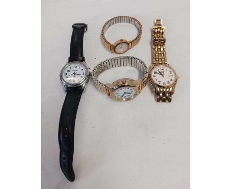 BOX WITH GOLD COLOURED ROTARY WATCH, LADIES AVIA & A ATOMIC TALKING WATCH & 1 OTHER