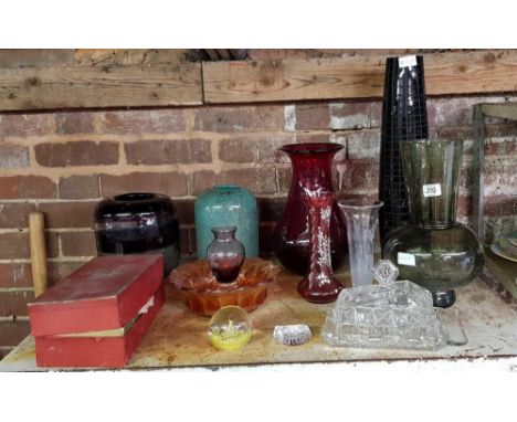 SHELF OF MISC COLOURED GLASSWARE, VASES, PAPERWEIGHTS, CHEESE DISH & BOXED GOBLET