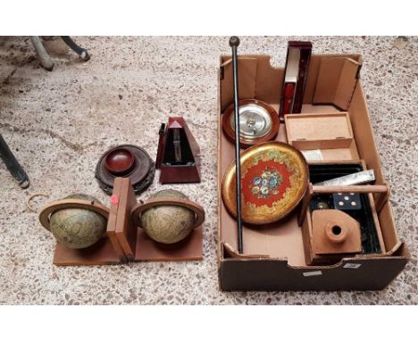 CARTON WITH 2 GLOBE BOOKENDS, A RECORDER, SMALL WOOD TRUG, MOUTH ORGAN, GILT TRAY, METRONOME, BAROMETER & SWAGGER STICK