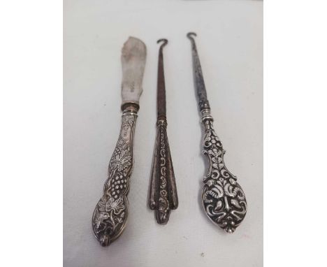 TWO SILVER HANDLED BUTTON HOOKS (ONE 1900) & BUTTER KNIFE