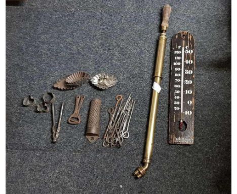 QTY OF METAL WARE, PUMP & THERMOMETER
