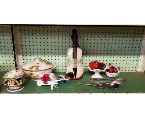 SHELF OF CHINAWARE, SPOONS ETC