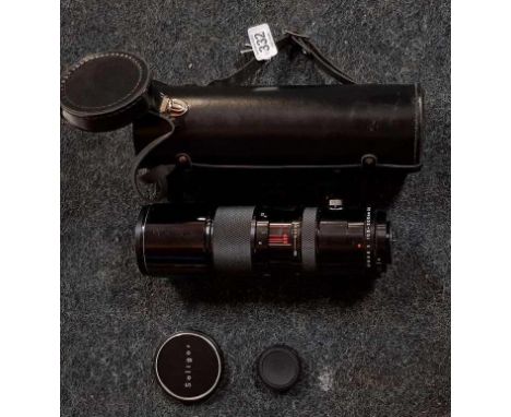 CASED SOLIGOR CAMERA LENSE 100MM TO 300MM NO. 17609979 A/F DAMAGE ON LENSE & A SIGNED PRINT OF A CHINOOK HELICOPTER 78 SQUADR