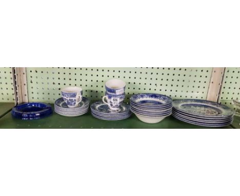 SHELF OF OLD WILLOW PATTERN CHINAWARE