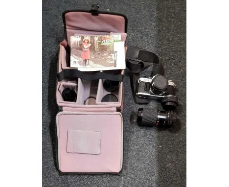 CANNON CAMERA WITH 35m LENSE, CAMERA BAG WITH 80 - 200 mm ZOOM LENSE &  2 TIMES TELE CONVERTER LENSE