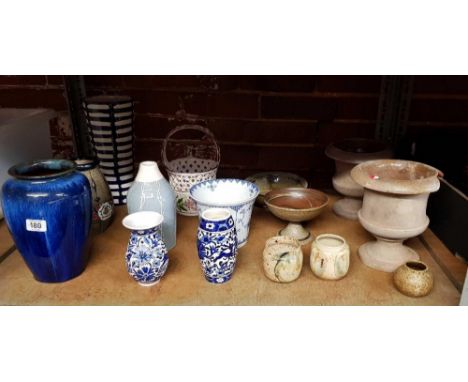 SHELF WITH STUDIO POTTERY & VARIOUS VASES