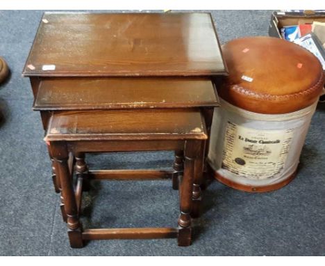 WOODEN NEST OF 3 TABLES & A METAL POUFFE SEAT