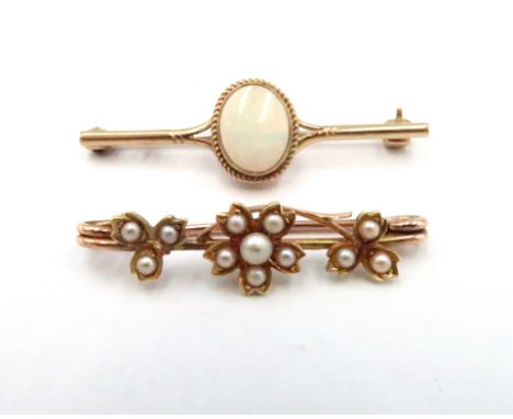An oval opal bar broch and a seed pearl foliate bar brooch. Both test 14ct. Weight 4.81 grams.