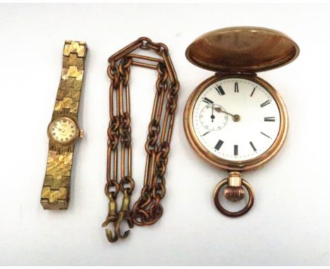 A gold plated, keyless wind, hunter pocket watch, the white enamel dial with Roman numerals, minute track and subsidiary seco