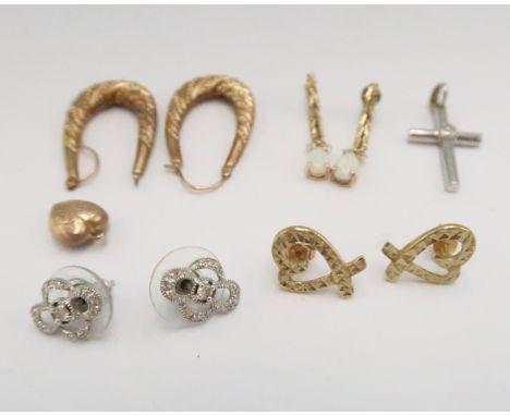 A group of three pairs of marked 9ct gold earrings comprising a pair of white gold and diamond set earrings, a pair of engrav