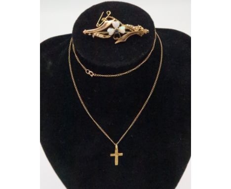 A 9ct gold cross pendant, length 20mm, and chain. Together with a 9ct gold opal, seed pearl and blue stone brooch. Length 42m