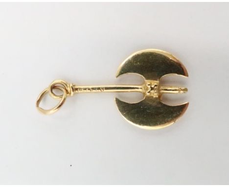 A double headed axe pendant. Length 28mm tests gold 18ct. Weight 1.55 grams.