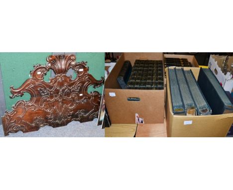 A 19th century carved rosewood architectural pediment together with encyclopedias and records etc 