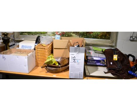 A quantity of miscellaneous including picnic hamper, plane models, prints and a collection of the history of rock LPs etc 