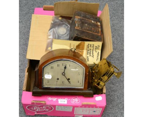 Assorted items including a mantel clock signed Munsey & Co, Cambridge; a clock movement; Kodak no.3; medical equipment etc