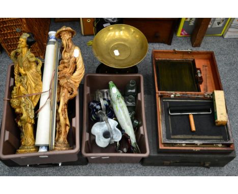 Odeon gramophone; Olympia typewriter, cased; oriental scroll; Salter vintage kitchen scales; glassware etc 