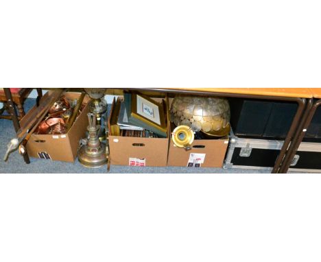Assorted metal wares, including copper pans, weighing scales, shisha pipe, stair rods, oil lamp, glass shades, picture frames