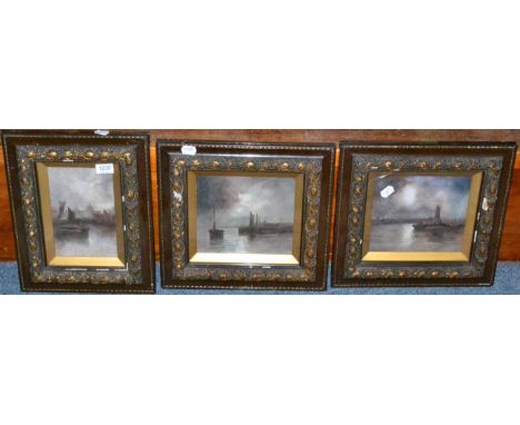 A set of three harbour scenes each monogrammed R R and dated 1904, oils on canvas