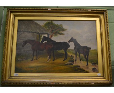 R T Vyner after Herring, Horses before a thatched stable, oil on canvas ,prepared for the treaties on fox hunting 