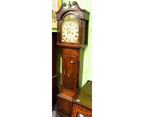 An oak and mahogany eight day longcase clock, arched painted dial signed Broderick, Peterboro  