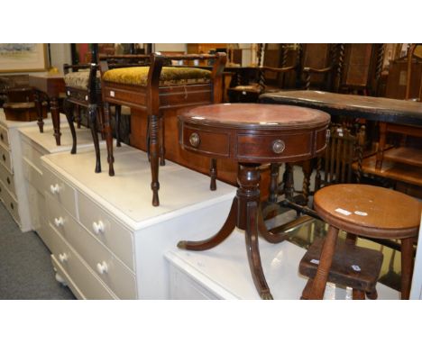 Two rustic stools, a commode stool, two piano stools