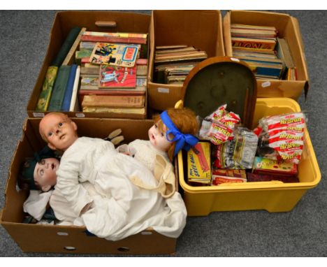 A quantity of toys and games including a Muffin Junior puppet, marbles, play worn cars, dolls, etc together with five boxes o