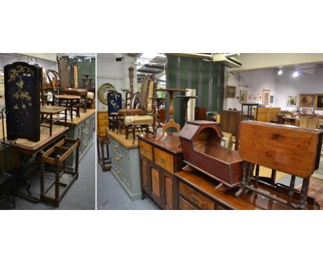 A group of furniture comprising a Japanese mother of pearl and bone inlaid two fold table screen, a 1920's oak stick stand, f