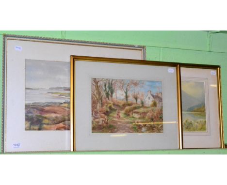 W R Hoyles figure on path, watercolour, together with two other landscape watercolours
