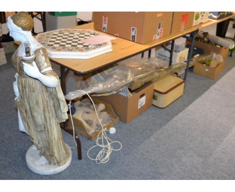 A floor standing figural lamp in the form of a classical maiden, an Art Nouveau glass ceiling light with flam shade, various 
