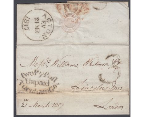 GREAT BRITAIN POSTAL HISTORY 1817 entire sent to Lincolns Inn London , Unpaid 2d Post plus fine 3 mark (scarce) It was charge