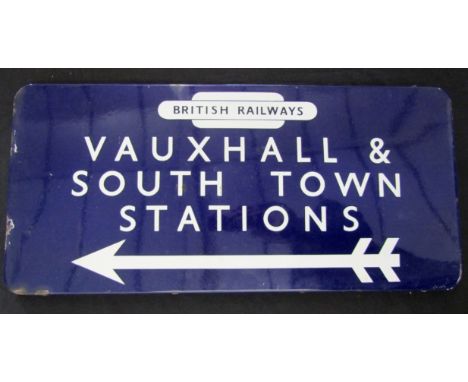 Circa mid-20th century British Railways enamel indicator sign "British Railways Vauxhall and South Town Stations", blue and w