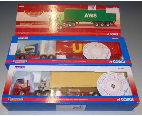 Three various boxed Corgi 1/50 scale road transport diecast vehicles to include Ref. Nos. CC13416, CC14104, and CC13718, all 