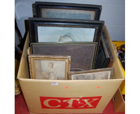 A box of Victorian and later pictures and prints, to include county map, portrait of the Queen, engravings etc