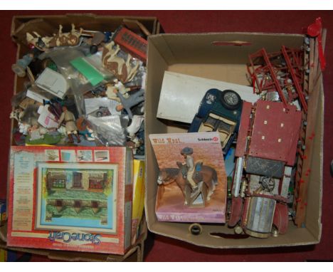Two boxes containing qty of various garden scale railway accessories and a qty part complete (broken) plastic kits