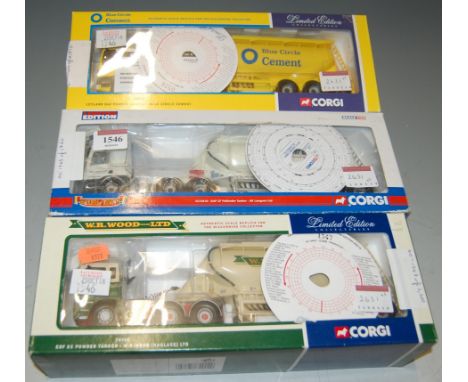 Three boxed Corgi 1/50 scale tanker lorries, Blue Circle Cement 75902, WR Wood Haulage 74904, and AK Longson Ltd CC13610