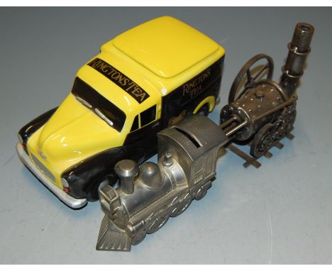 A Ringtons Tea ceramic Morris Minor van, cast metal novelty money box as a train, and replica steam engine (3)