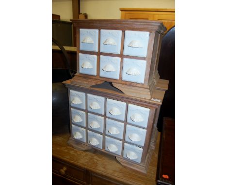 A pair of contemporary beech and white glazed ceramic spice drawers, together with matching smaller pair (4)