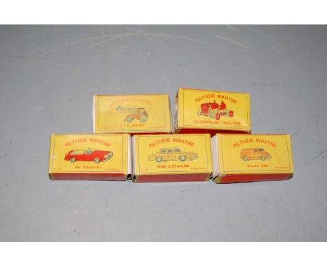 Five boxed polythene miniature models to inc. MG Roadster Caterpillar tractor and ditch digger