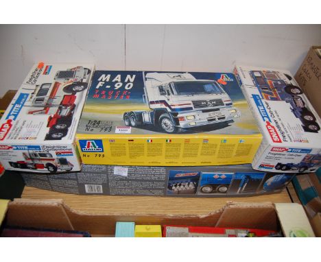 Four boxed part made mixed scale road transport kits to include an Italeri Man F90 truck master