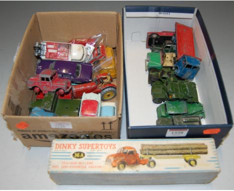 A Dinky Supertoys 36A tractor and lumber carrier, boxed, together with a qty of loose playworn Dinky and Corgi diecast
