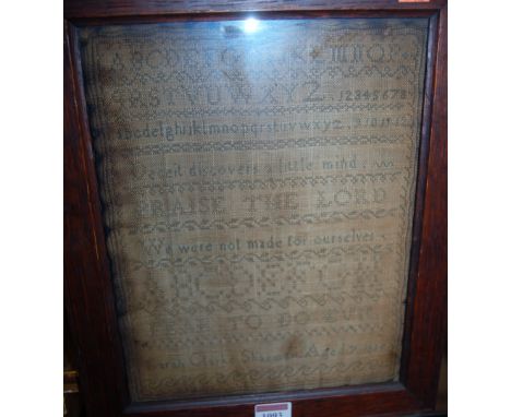 A William IV needlework, verse and alphabet sampler, by Sarah Clark Shannon, dated 1835, 30 x 23cm
