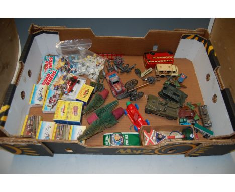 A qty of mixed playworn boxed and carded diecast vehicles and tinplate accessories to inc. Lonestar Brimtoy Matchbox and othe