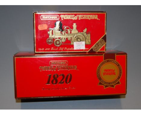 A Matchbox Models of Yesteryear 1820 passenger coach and horses, together with YS-43 1905 Busch self propelling engine, both 